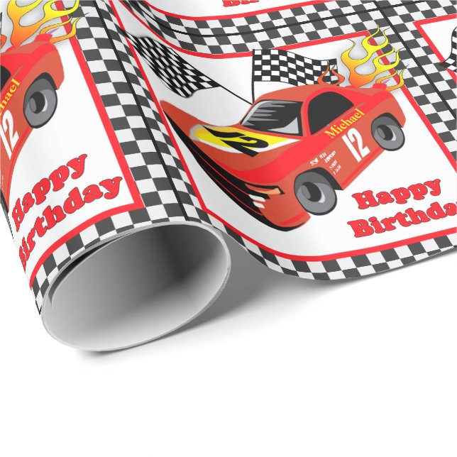 Red Race Car Personalised Birthday  Gift Wrapping Paper (Roll Corner)