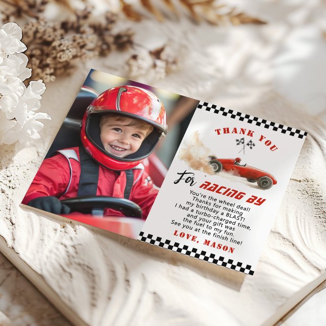 Red Race Car Photo Birthday Thank you card (Creator Uploaded)