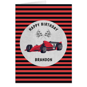 Red Race Car Striped Birthday Card