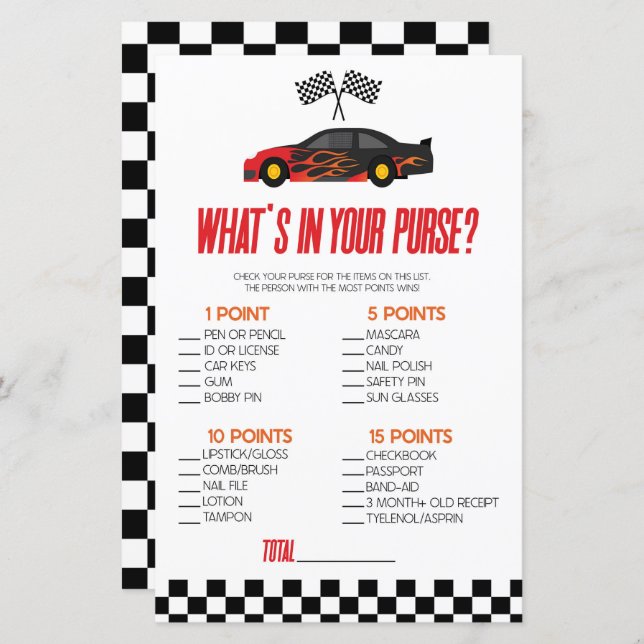 Red Race Car What's In Purse Baby Shower Game (Front/Back)