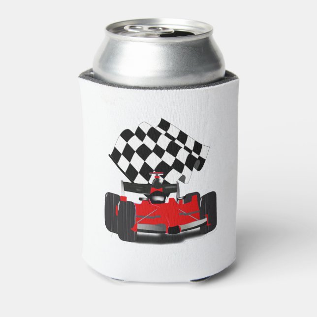 Red Race Car with Chequered Flag Can Cooler (Can Back)