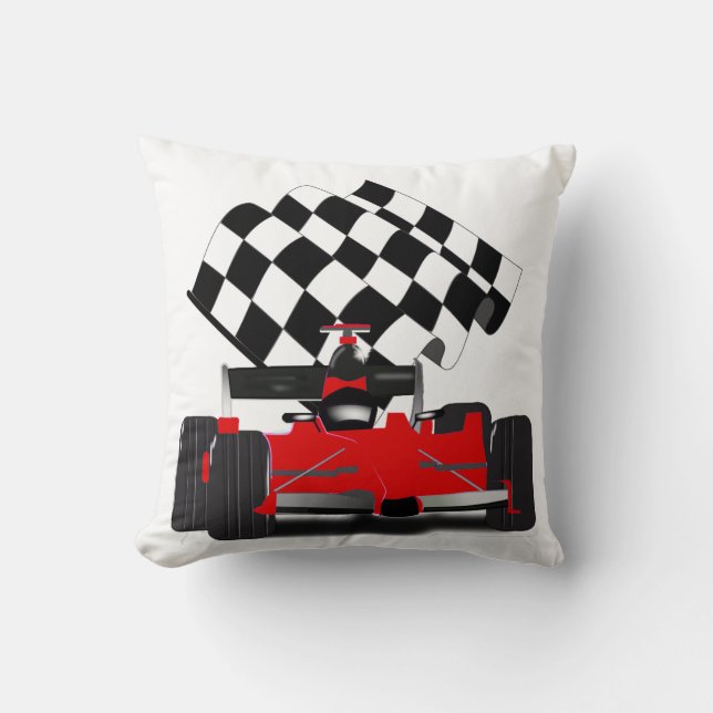 Red Race Car with Chequered Flag Cushion (Front)