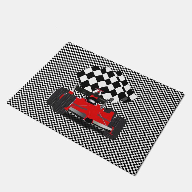 Red Race Car with Chequered Flag Doormat (Angled)