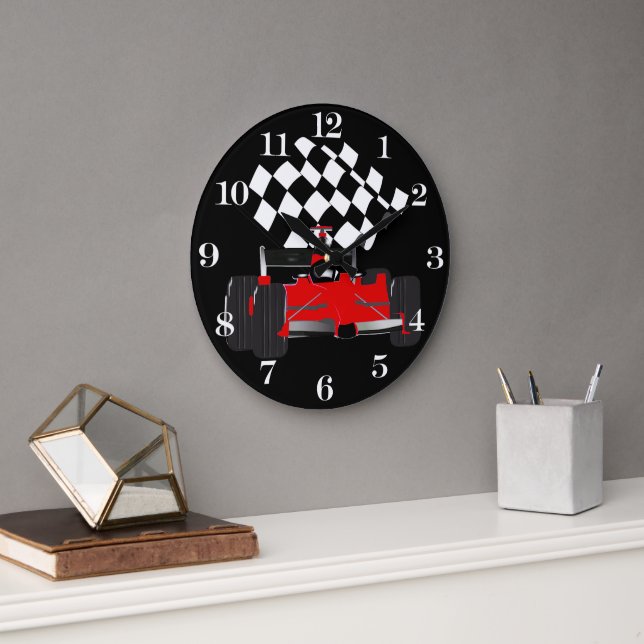 Red Race Car with Chequered Flag Large Clock (Office)