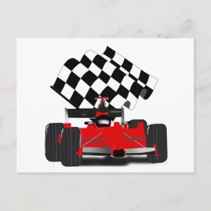 Red Race Car with Chequered Flag Postcard