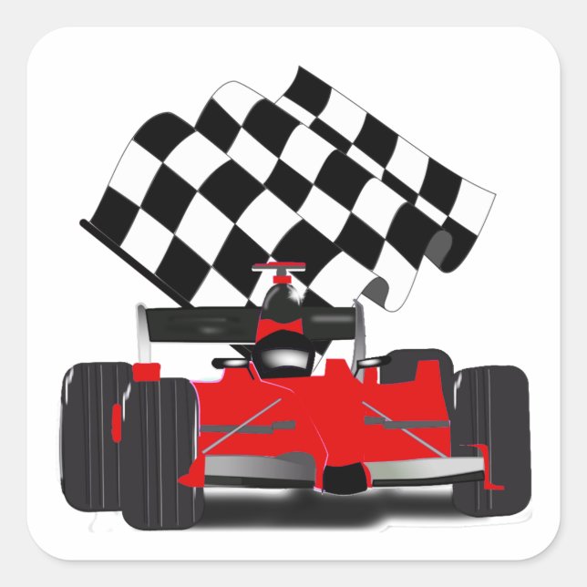 Red Race Car with Chequered Flag Square Sticker (Front)