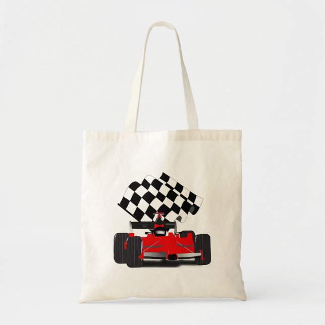 Red Race Car with Chequered Flag Tote Bag (Front)