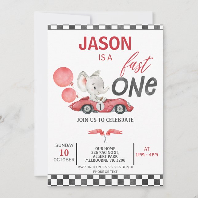 Red Racing Car Balloons Elephant 1st Birthday Invitation (Front)