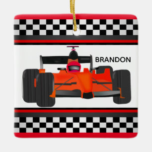 Red Racing Car Chequered Design Square Ornament