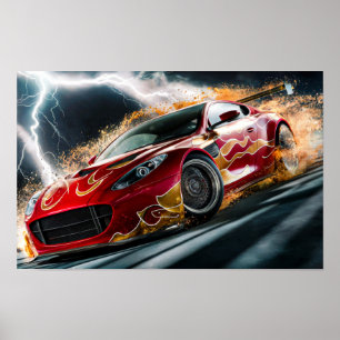 Red Racing Car with Flame Pattern Drifting Hard #1 Poster