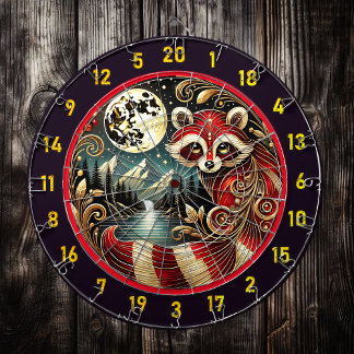 Red Racoon Glows Under Golden Moon Dartboard