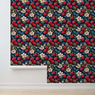 Red Raspberries Floral Fruit Blossoms on Dark Blue Wallpaper