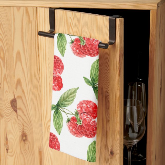 Red Raspberries With Leaves Pattern Tea Towel (Thirds Fold)