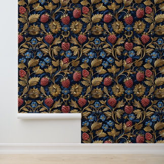 Red Raspberry & Blue Blueberry Golden Leaves Dark  Wallpaper