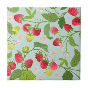 Red Raspberry Fruit, Leaves and Flowers    Tile