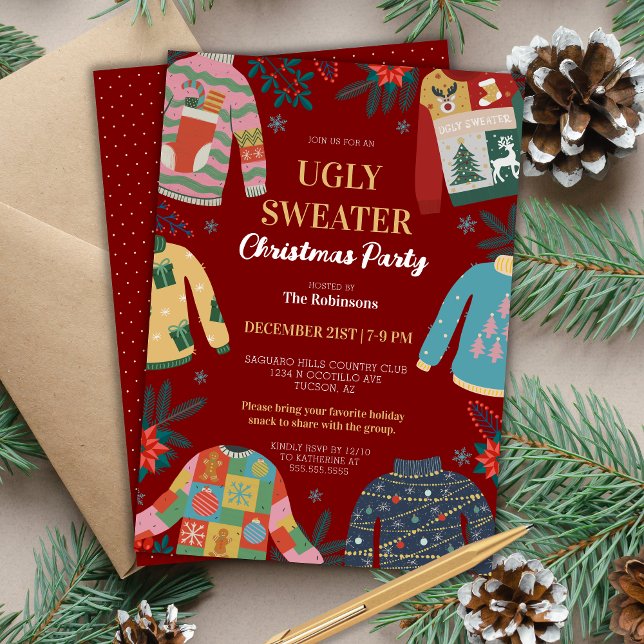 Red Really Ugly Christmas Sweater Holiday Party Invitation (red really ugly christmas sweater party invitation for funny holiday party with humor and retro)
