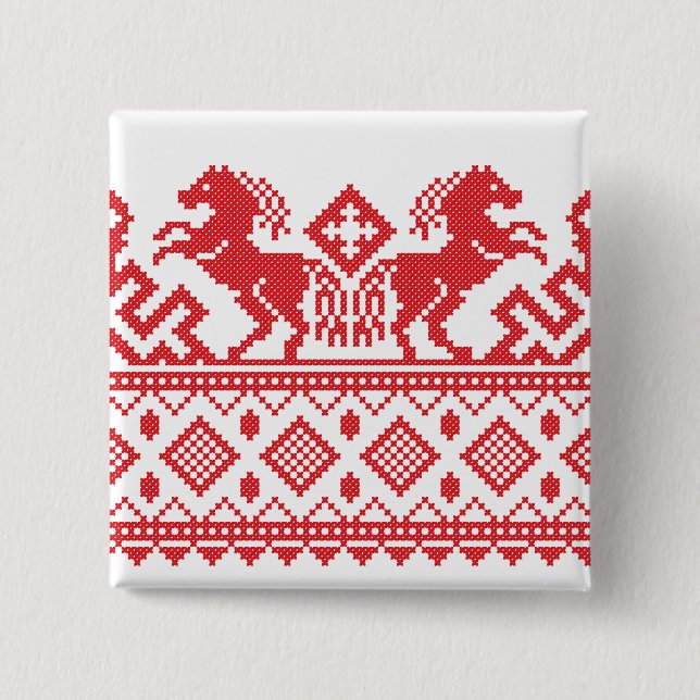 Red rearing horses 15 cm square badge (Front)