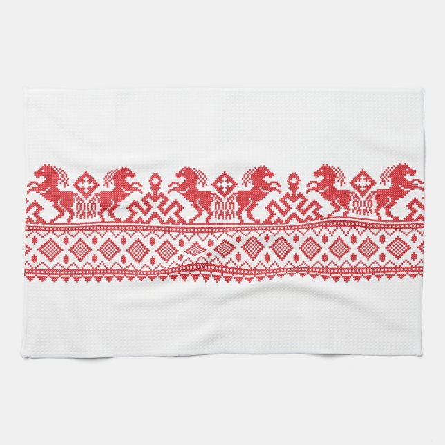 Red rearing horses tea towel (Horizontal)