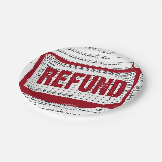 red refund stamp on tax form paper plate (Angled)