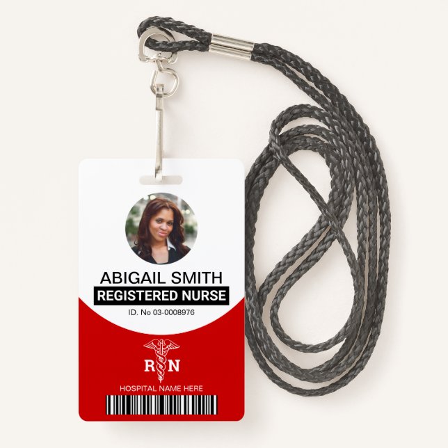 Red Registered nurse caduceus photo template ID Badge (Front with Lanyard)