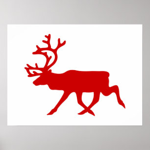 Red Reindeer / Caribou Silhouette Poster