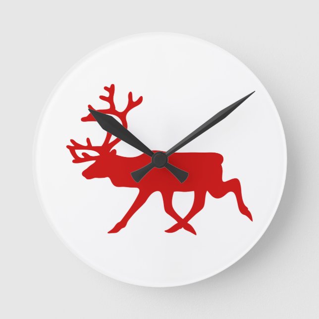Red Reindeer / Caribou Silhouette Round Clock (Front)