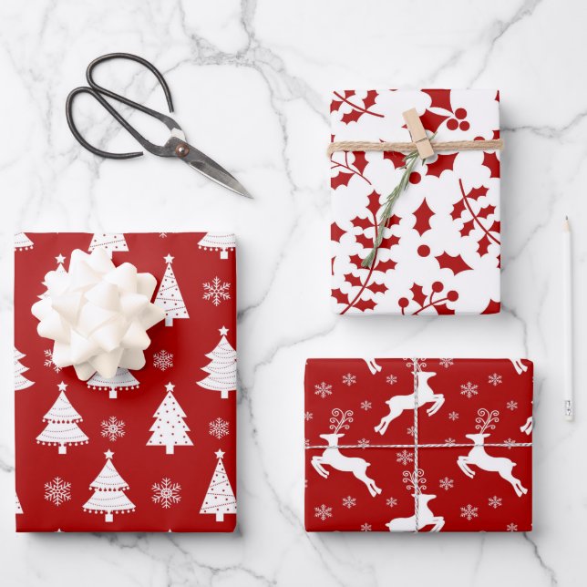 Red Reindeer, Christmas Trees and Holly Patterns Wrapping Paper Sheet (Front)
