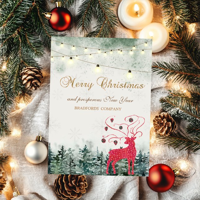 Red Reindeer,Forest,String Lights Holiday Card (Creator Uploaded)