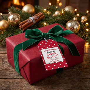 Red Reindeer Santa Sack Christmas Dotted Gift Tags