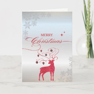Red Reindeer Silver Snowflakes Folded Holiday Card