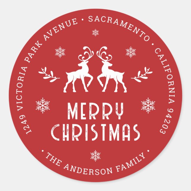Red Reindeer Snowflake Christmas Return Address Classic Round Sticker (Front)