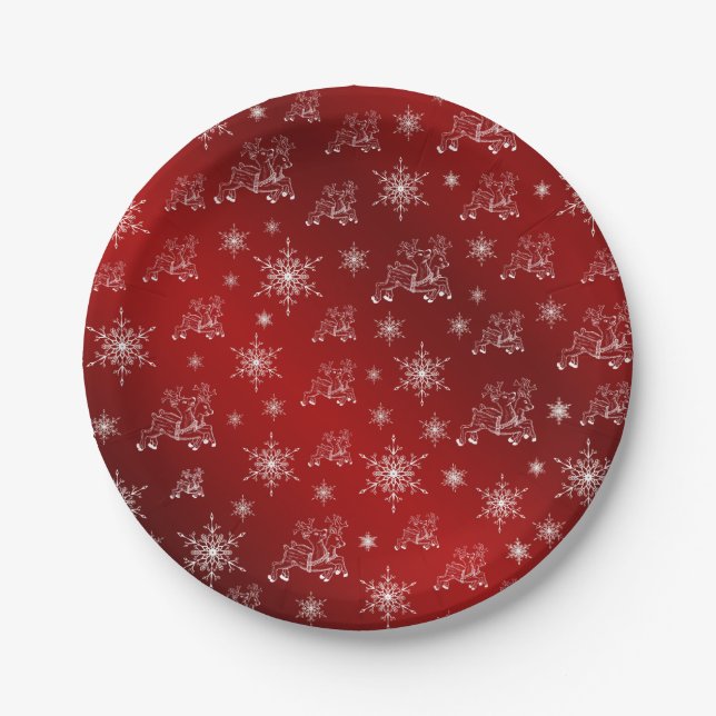 red,reindeer, star, stars, snowflake, christmas paper plate (Front)