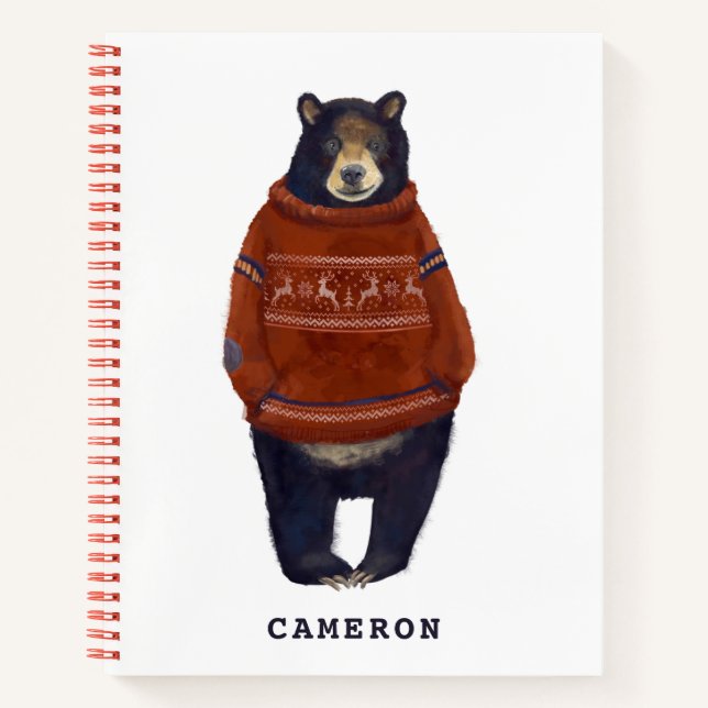 Red Reindeer Sweater Bear | Add Your Name Notebook (Front)