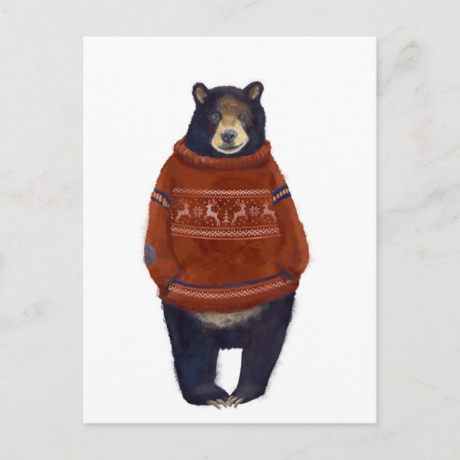 Red Reindeer Sweater Bear Postcard (Front)