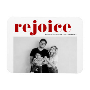Red Rejoice Bold Typography Modern Photo Christmas Magnet