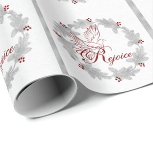 Red Rejoice Silver Leaf Pine Wreath Wrapping Paper