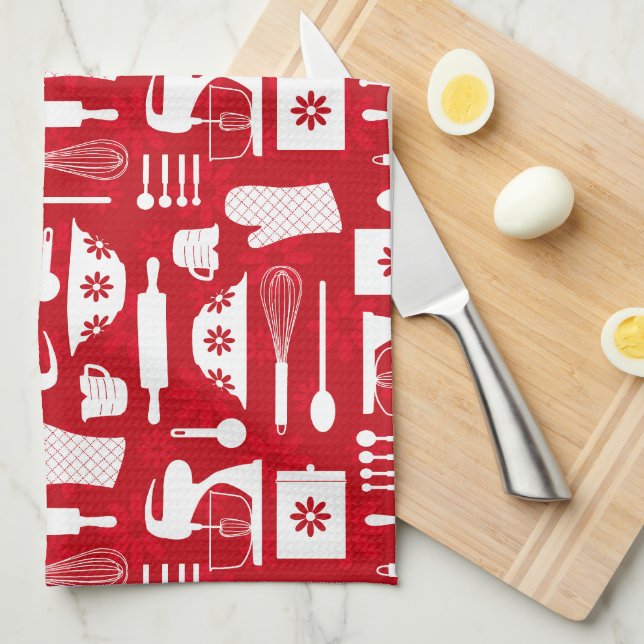 Red Retro Baking  Tea Towel (Quarter Fold)