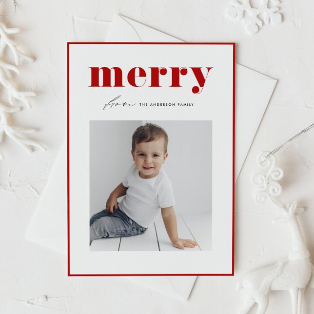 Red Retro Bold Merry Typography Photo Christmas Holiday Card (Make your Christmas cards memorable with this red retro typography photo holiday card.)
