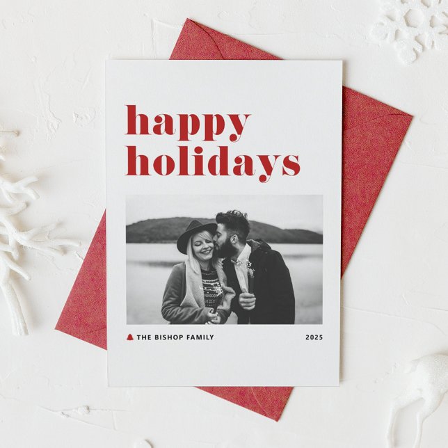 Red Retro Bold Typography Photo Happy Holidays Holiday Card (Creator Uploaded)