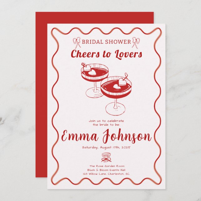 Red Retro Bridal Shower Invitation | Hand Drawn  (Front/Back)