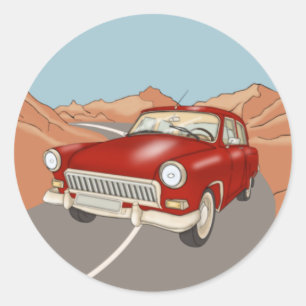 Red retro car on the highway classic round sticker