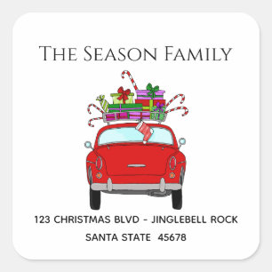Red Retro Car with Christmas Gifts Square Sticker