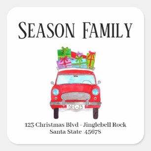 Red Retro Car with Christmas Gifts Square Sticker