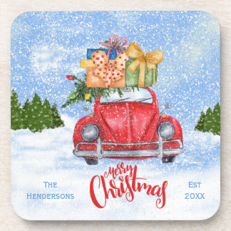 Red Retro Car with Christmas Tree Coaster Set
