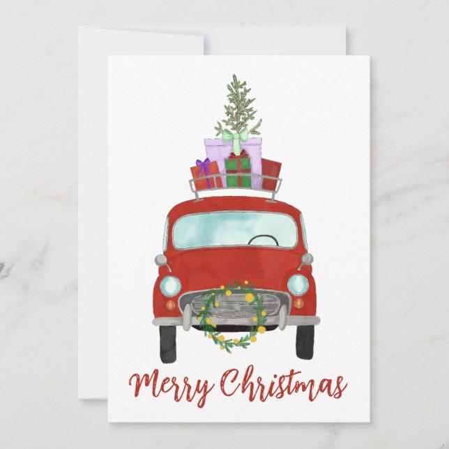 Red retro Car with gifts  Holiday Card (Front)