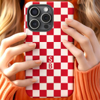 Red Retro Chequered Pattern Monogram