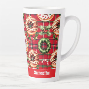 Red Retro Christmas Doughnuts Red Tartan Plaid Latte Mug