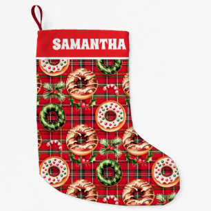 Red Retro Christmas Doughnuts Red Tartan Plaid Small Christmas Stocking