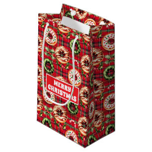Red Retro Christmas Doughnuts Red Tartan Plaid Small Gift Bag