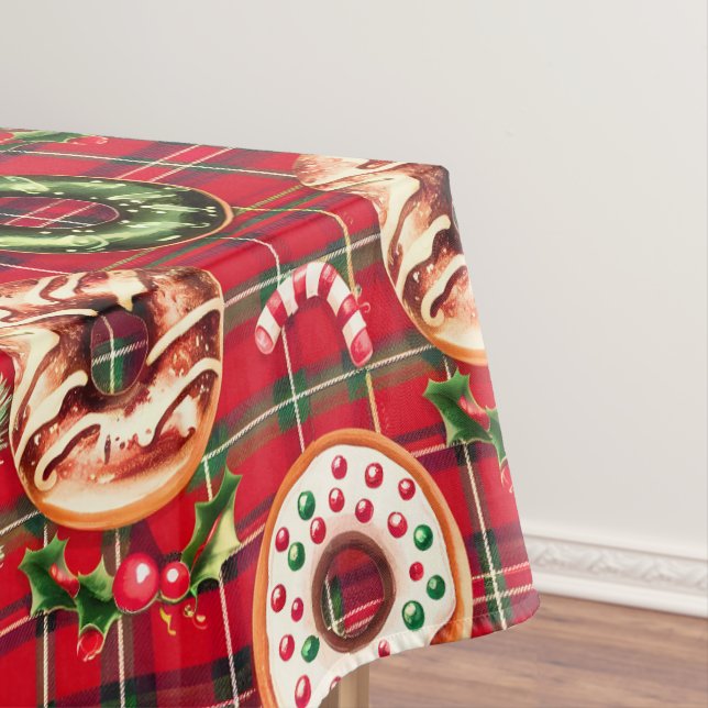 Red Retro Christmas Doughnuts Red Tartan Plaid Tablecloth (In Situ)
